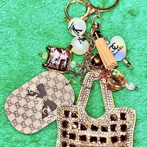 Designer Logo Charm Keychain with Crystal Tote and Tassel